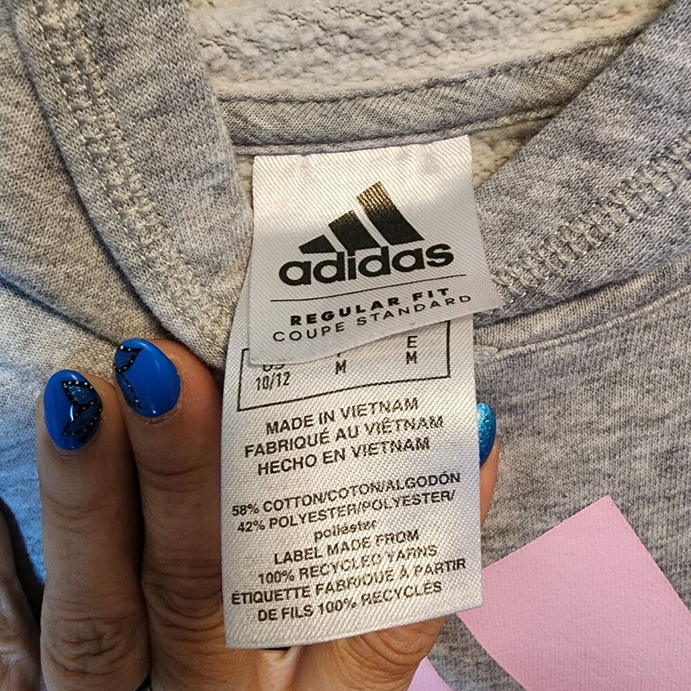 Adidas Girls Medium M 10/12 Heather Gray Pink Logo Pullover Hoodie Sweatshirt